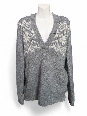 Motherhood Gray V‑Neck Nordic Sweater with Cream Snowflake Detail